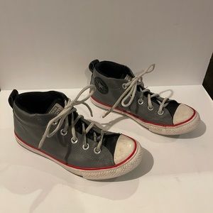 Converse Boy Size 3 , Gray leather red piping trim .